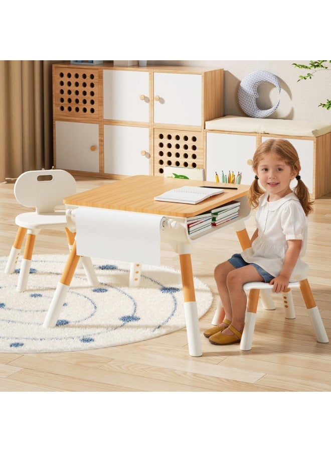 XICEN Kids Table with 2 Chairs Set, Height-Adjustable Toddler Desk and Chairs, Non-Slip Toddler Activity Table with Drawing Paper & Storage Basket, Ideal for Classrooms/Daycare/Home Use, Multifunctional Activity Table for Children - Image 1